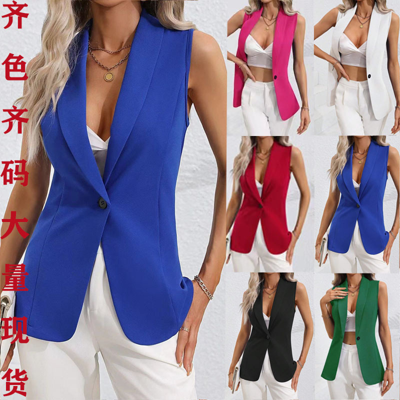 2024 New European and American Cross-Border Amazon Solid Color Notch Lapel Vest Jacket Sleeveless Round Neck Coat for Women
