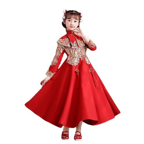 Hanfu chinese qipao dress for girls winter plushed lining han tang empress cosplay dress for kids new year Tang suit shawl two-piece suit for girl