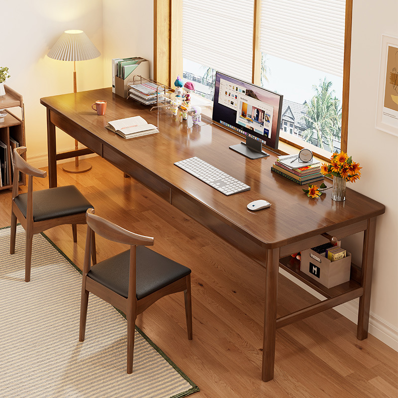 호두 긴 책상 3 개의 서랍 + 2 개의 의자 [모든 단단한 나무]]