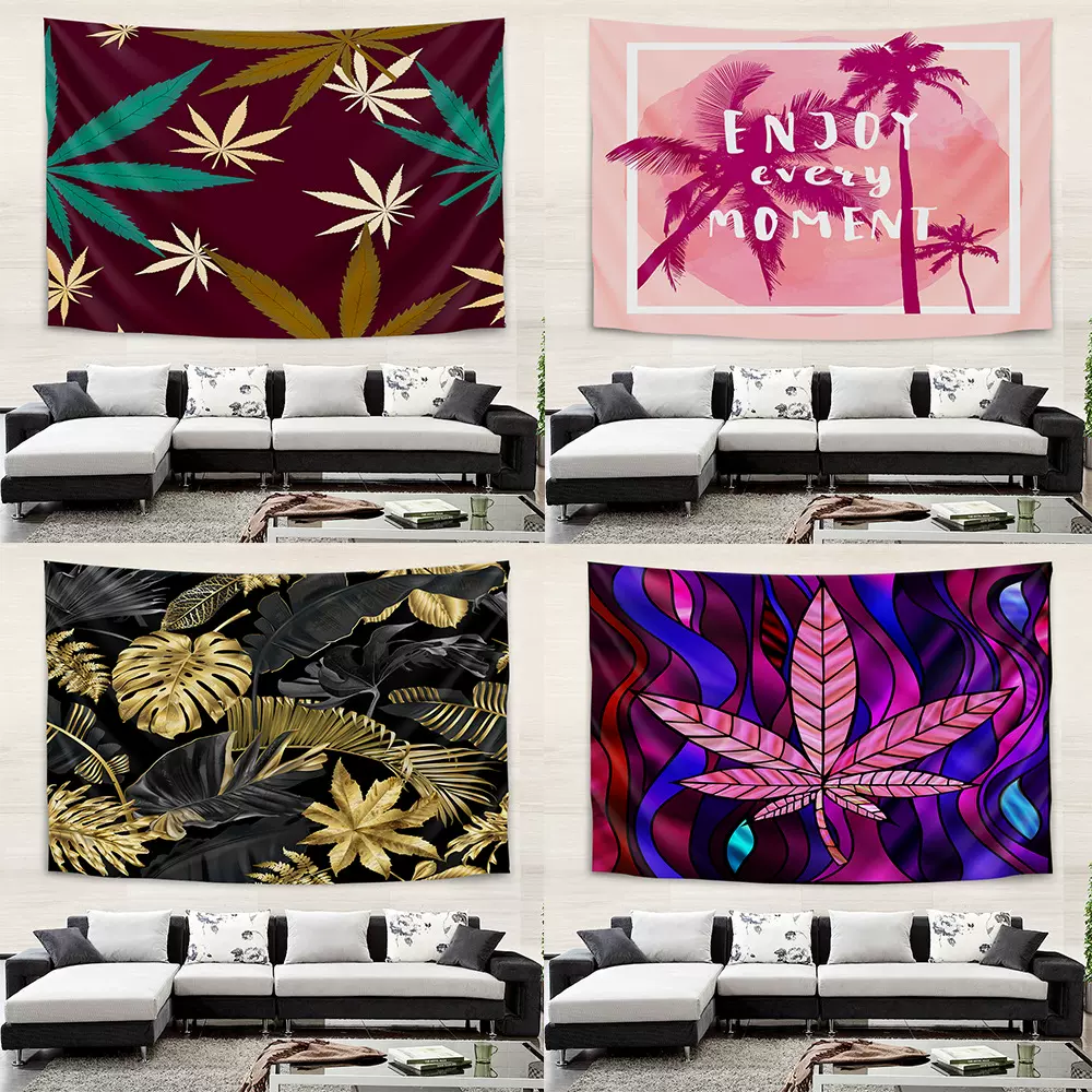 北欧家居ins风绿叶系列挂毯 欧美树叶印花挂布装饰卧室背景布厂家