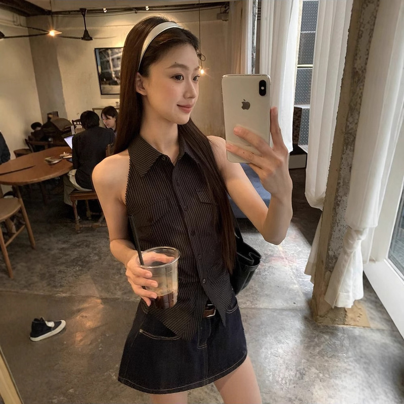Korean Style Black Sleeveless Striped Shirt Women's Summer Design Backless Waist Lace-up Shirt Short Hot Girl Top