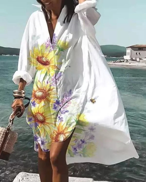 Women's Shirt Dress Casual Turndown Printing Long Sleeve Flower Above Knee Outdoor display picture 6