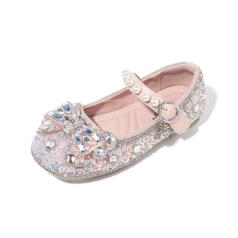 Туфли принцессы для девочек, весна 2025, новая детская обувь, кожаные туфли, туфли с кристаллами, туфли для маленьких девочек, мягкая подошва, противоскользящая весна и осень
