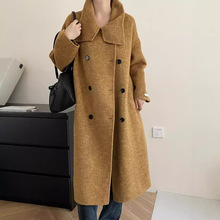 上海兰芝羊毛双面呢大衣秋季新款双排扣立领长款过膝毛呢240620