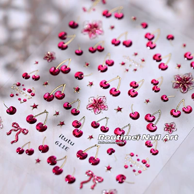 Summer Cherry Dream Fresh Little Flower New Laser Pink 3D Nail Art Stickers Fingertip Fruit DIY Decoration Stickers (Dırnaq bəzəkləri) - itutu611e-red-cherry-dream-jelly