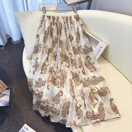 法式雪纺印花半身裙女夏秋季新款薄款老钱风高腰垂感a字伞裙子