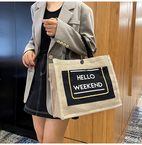 Cross-border new fashion cotton and linen shopping bag large capacity simple canvas tote bag linen handbag