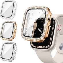 适用苹果手表Applewatch7保护套PC电镀双钻一体钢化膜 8代镶钻表