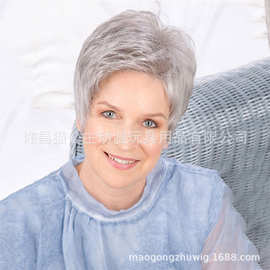 欧美时尚中老年女士银灰色蓬松短卷发头套  化纤高温丝玫瑰网假发