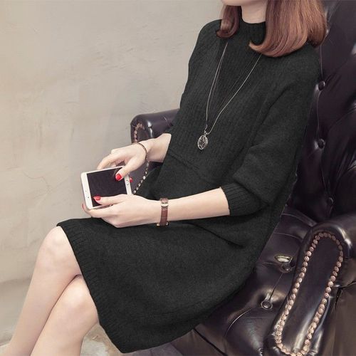 Women's Loose Hooded Knit Dress Long Sleeve Half High Collar Woolen Dress for Autumn and Winter