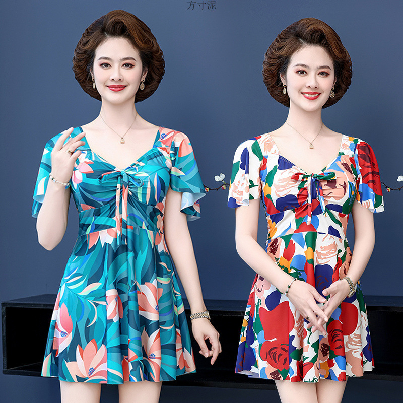 어머니 수영복 여성 보수 배꼽 가리는 치마 쪼개기 200 진 중년 및 노인 증가 된 느슨한 온천 수영복 뚱뚱한 M