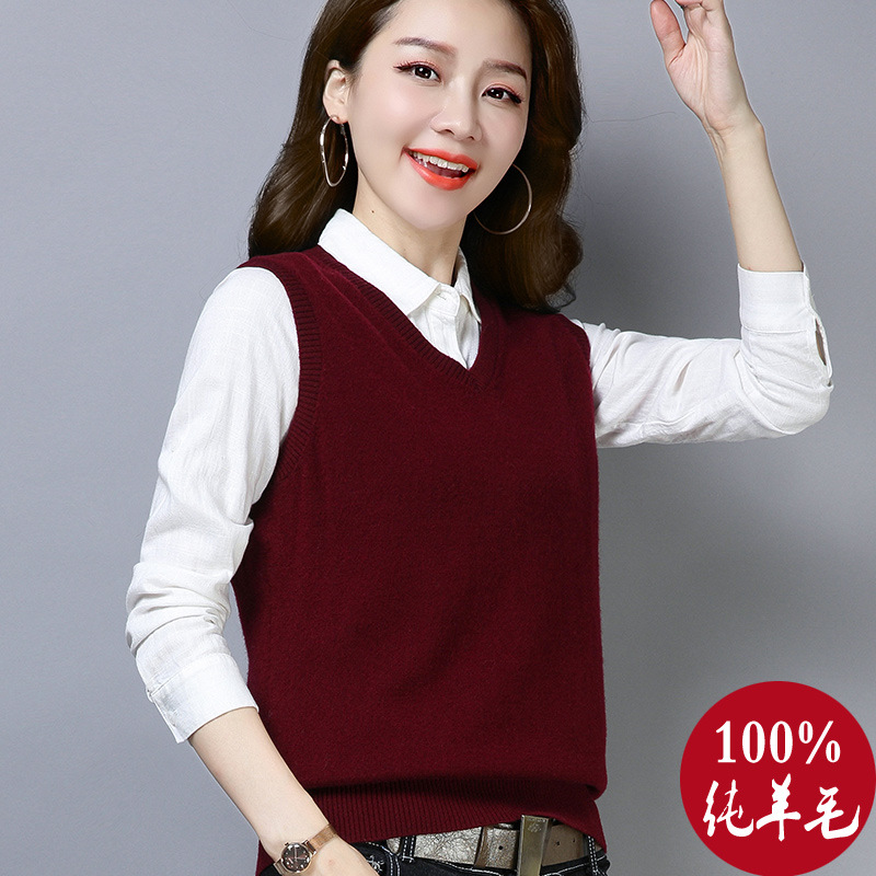 순수 양모 조끼 여성의 봄 및 가을 외부 착용 니트 조끼 여성의 2024 새로운 아우터웨어 V-NECK 짧은 스웨터 웨이스트 코트