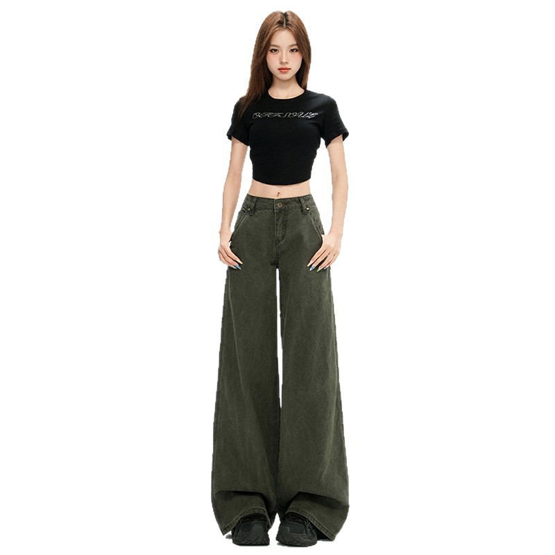 美式直筒牛仔裤女秋季新款辣妹设计感时尚宽松显瘦垂感阔腿拖地裤|undefined