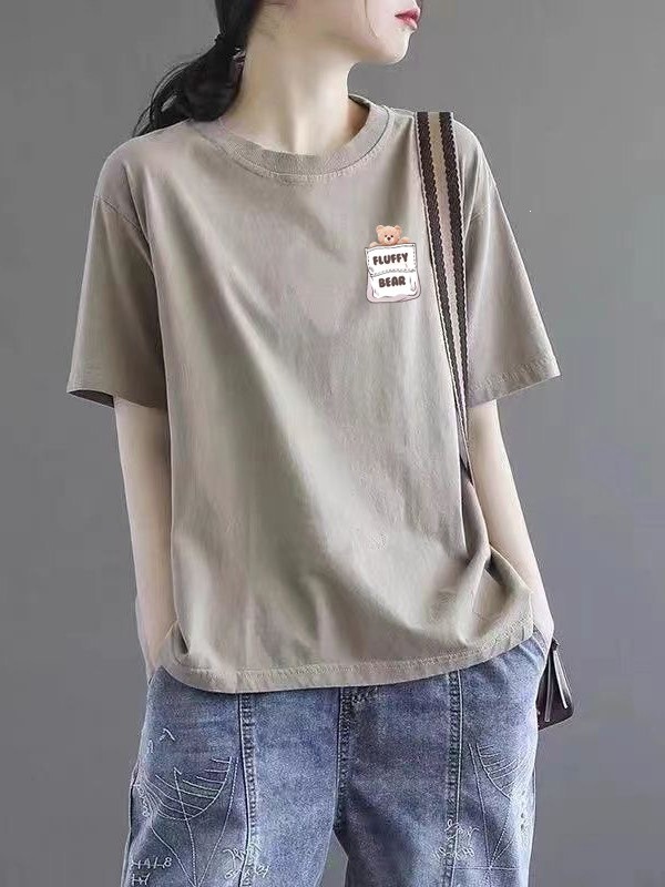 Brand boutique women's clothing: Pure cotton round-neck versatile printed T-shirt, fashionable short-sleeve loose top for women, summer