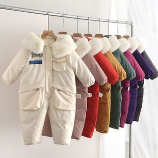 Cross-border fur collar baby ski suit jumpsuit baby climbing suit 2024 winter new children's clothing jumpsuit