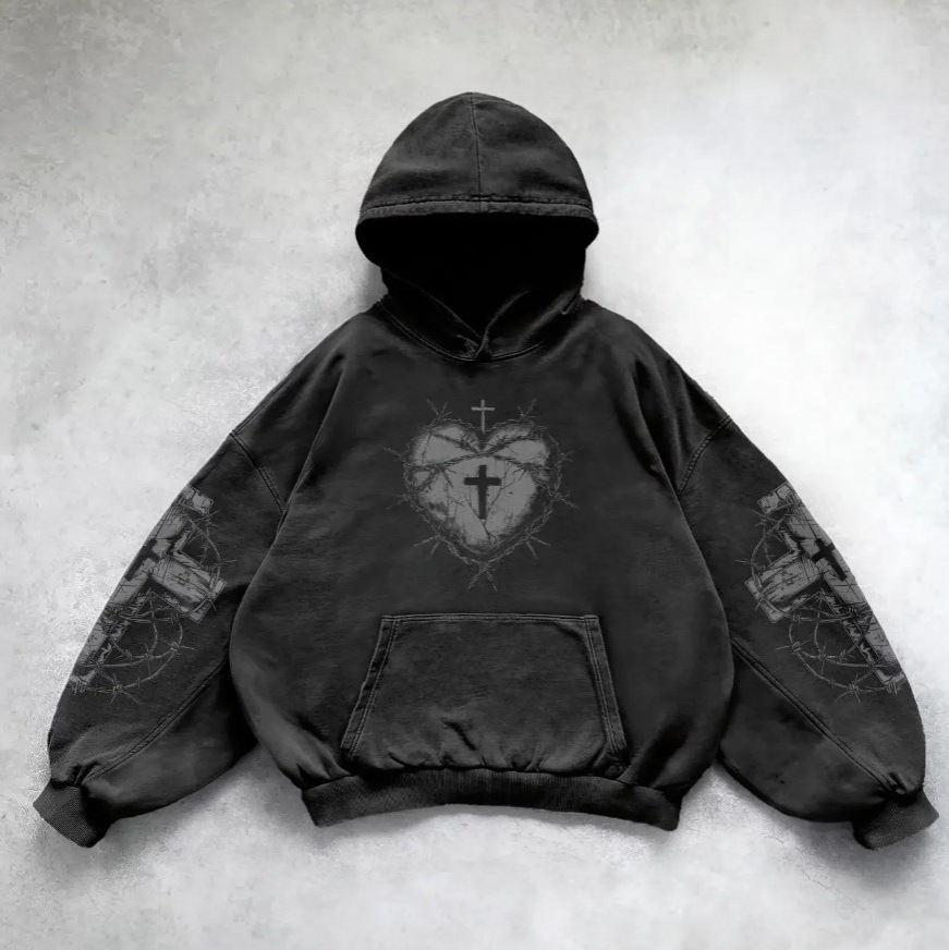 Men's Clothing Fashion Loose Pullover Cross Heart Print Side Pocket Hooded Sweatshirt_voghion.com