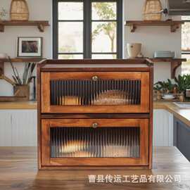 跨境木质双层面包盒翻盖式带玻璃盖厨房面包储藏箱木质糕点甜品柜