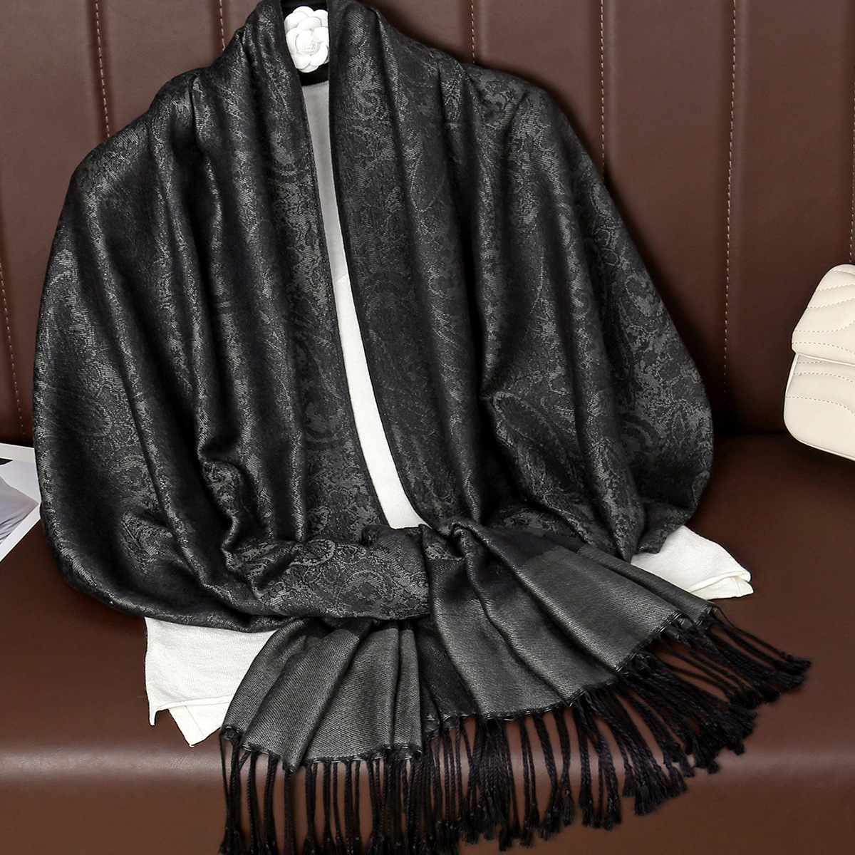 Chal de pashmina con borlas estilo étnico, estilo exclusivo transfronterizo, con estampado de cachemira y anacardo, estilo jacquard_voghion.com
