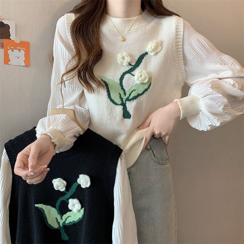 Plus size women's French-style fake two-piece long-sleeved sweater women's autumn new chubby girl belly-covering slimming sweater top