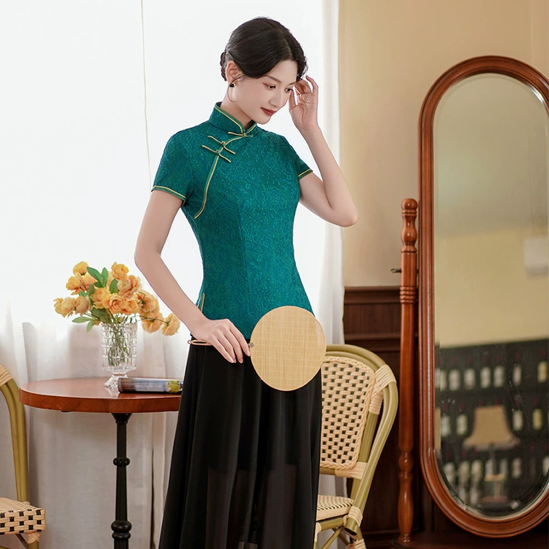 2025 Новый летний костюм Cheongsam Tang в национальном стиле, женский топ, улучшенный модный женский костюм для выступлений, комплект в китайском стиле.