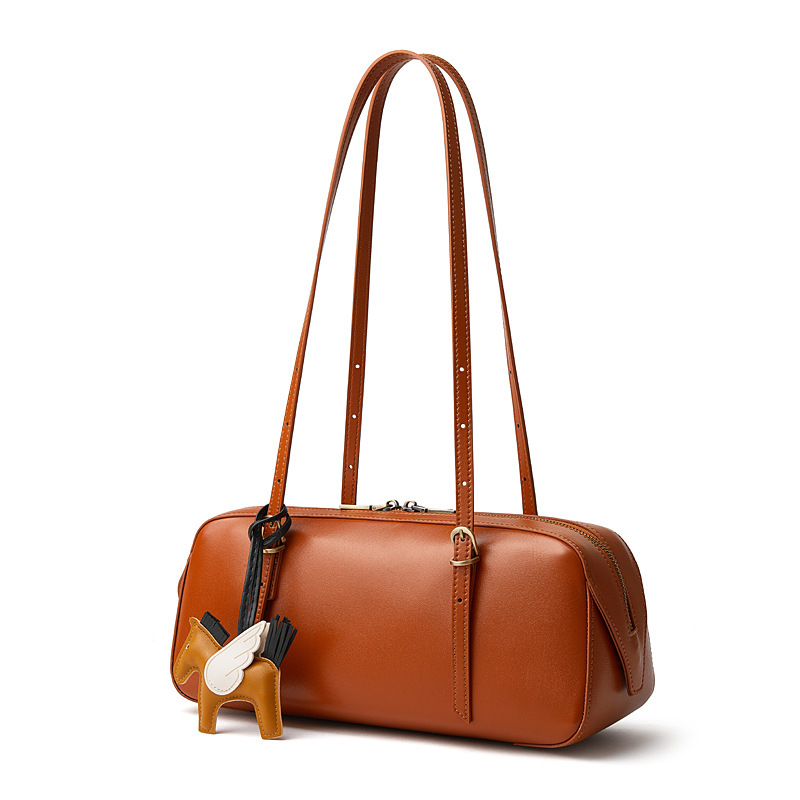 Genuine Leather Underarm Bag Vintage Bowling Bag For Women Versatile Niche Vegetable-Tanned Top Grain Cowhide Handbag - Thumbnail 6