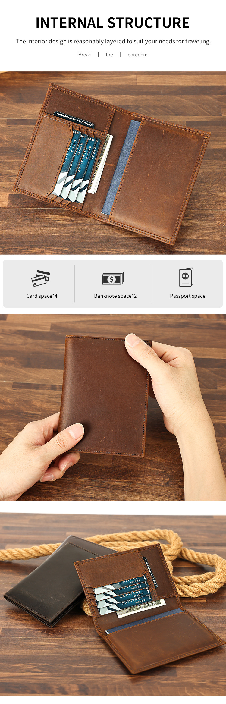 Ví hộ chiếu da cổ điển dạng dọc, nhiều ngăn thẻ chống trộm RFID — Cà phê dầu, Cà phê, Cà phê đậm, nâu chi tiết 3