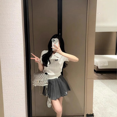 韓系学院風透かし編みニット女性2025夏新作スリム半袖polo襟tシャツ上着