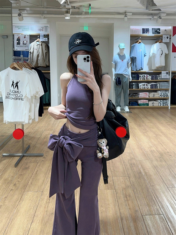 辣妹高领挖肩短款挂脖背心女夏季紫色套装绑带微喇叭休闲裤两件套|undefined