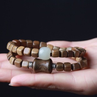 Green Sandalwood Bracelet Square Bead Bracelet Double Circle Sandalwood Buddha Bead Bracelet Men's and Women's Jewelry Ethnic Style Square Bead Bracelet
