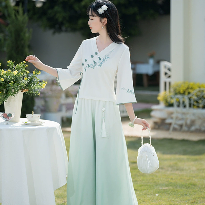 Новая Женская одежда в китайском стиле, винтажный китайский костюм с пряжкой и воротником, улучшенный костюм Hanfu Tang, топ, широкие брюки, чайный костюм