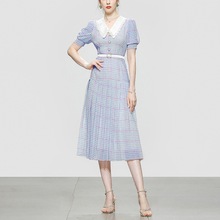 新款夏装女装气质V领泡泡袖收腰显瘦格纹雪纺连衣裙长裙裙子