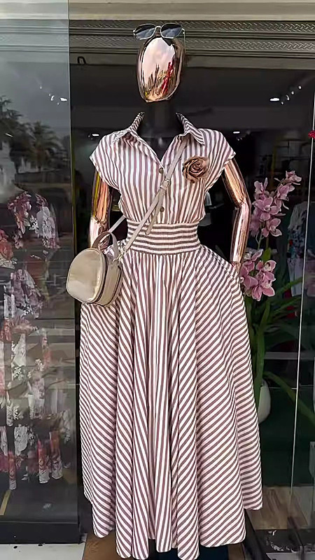 Women's Clothing Spring New Arrival Elegant Retro Striped Shirt Collar Short Sleeve Full Skirt Dress Fashion Waist Cinching American Style_ecoleips.com