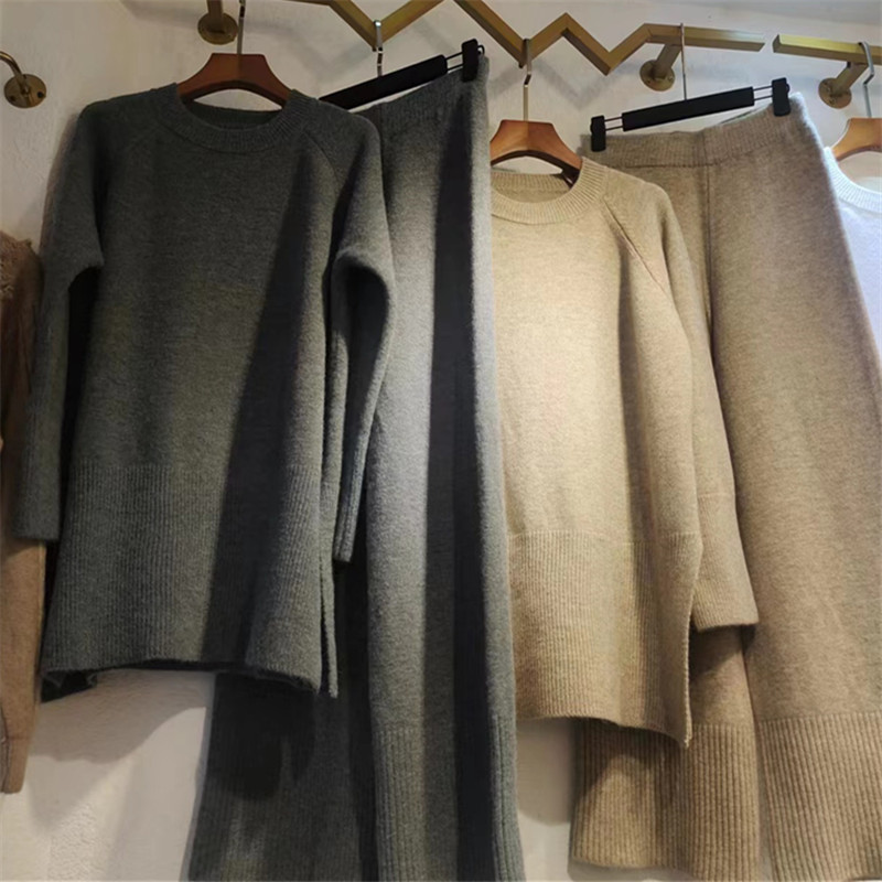 Alto sentido otoño e invierno nuevo suelto split suéter casual pantalones de dos piezas conjunto de luz madura temperamento traje de las señoras