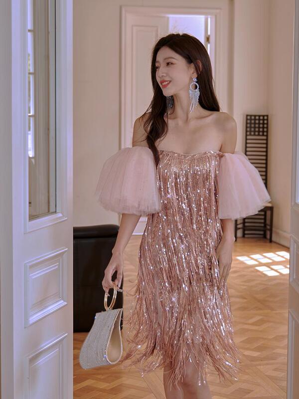 Evening Dress 2025 New Starlight Tassel Tube Top Dress Exaggerated Gatsby Puff Sleeve Birthday Dress Small Dress