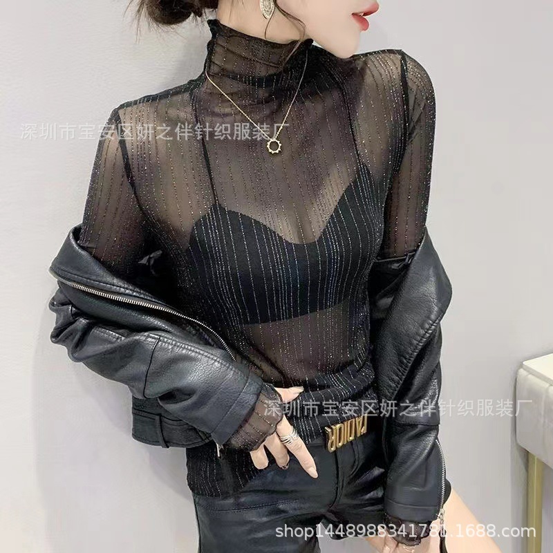 Autumn New Style High-Neck Mesh Base Layer Top for Women, Slim Fit Striped Glittery Sexy See-Through Long-Sleeved Top