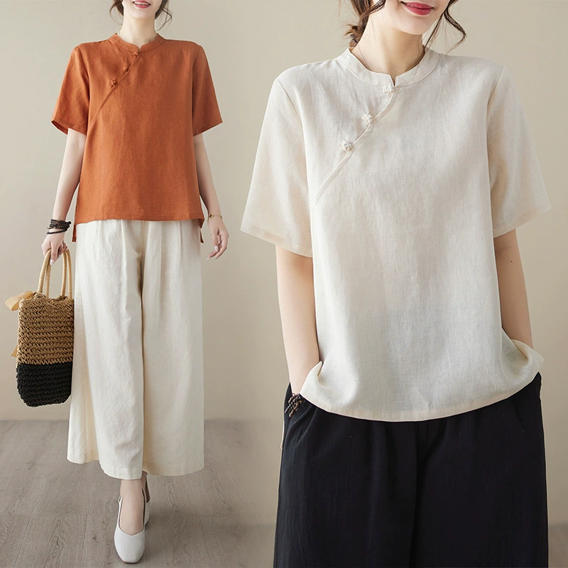 2023 летняя новая улучшенная льняная рубашка в стиле ретро в китайском стиле, Национальный стиль, воротник-стойка, художественный однотонный топ рубашки для женщин