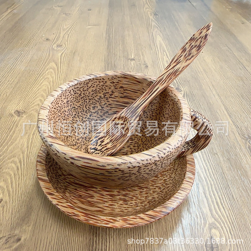 Old coconut wood cup natural solid wood tea coffee wine glass with handle round with Holder suit creative log Korean retro