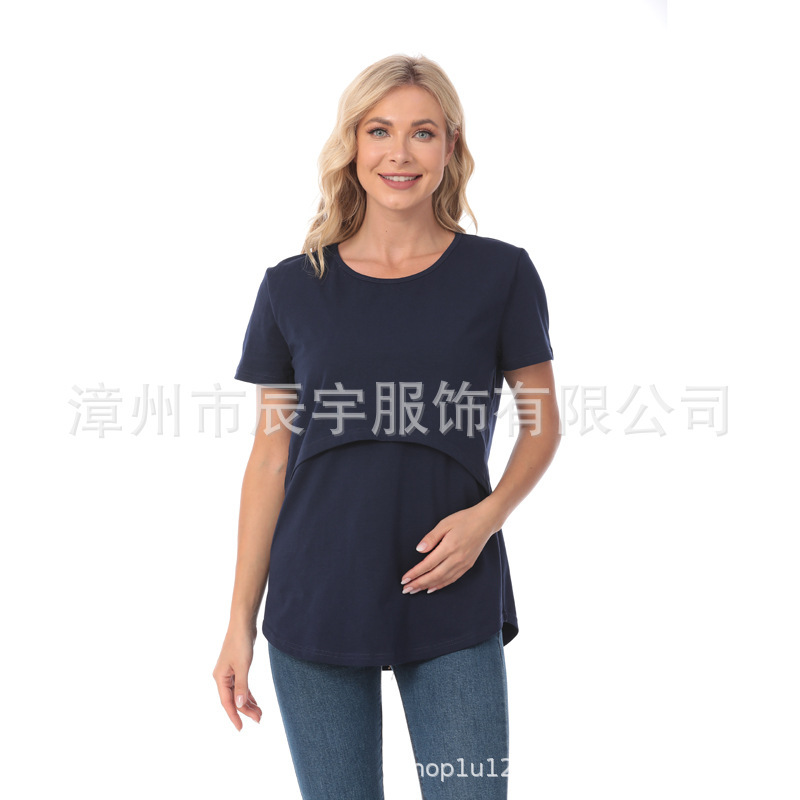 ゆるいアーチ型デザイン哺乳服外出ファッション辛い母親妊婦半袖tシャツ授乳服欧米大サイズ女装|undefined