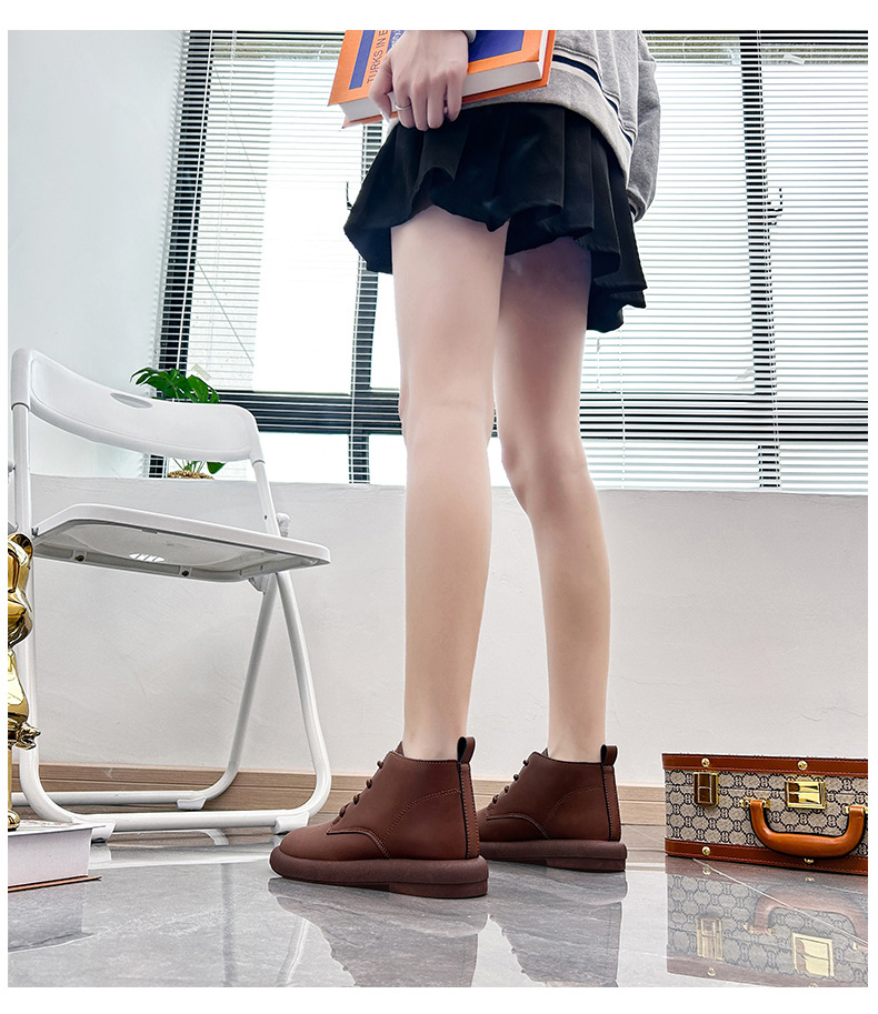 British Style Women's Leather Ankle Boots With Lace Up Thick Sole_voghion.com