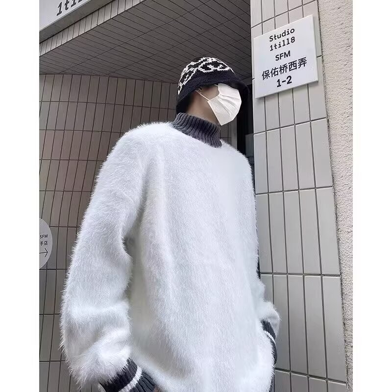 Half-Turtleneck Striped Knit Sweater Trendy Brand Loose High-End Sweater Men's Winter Thickened Mink Fur Lazy Style Coat