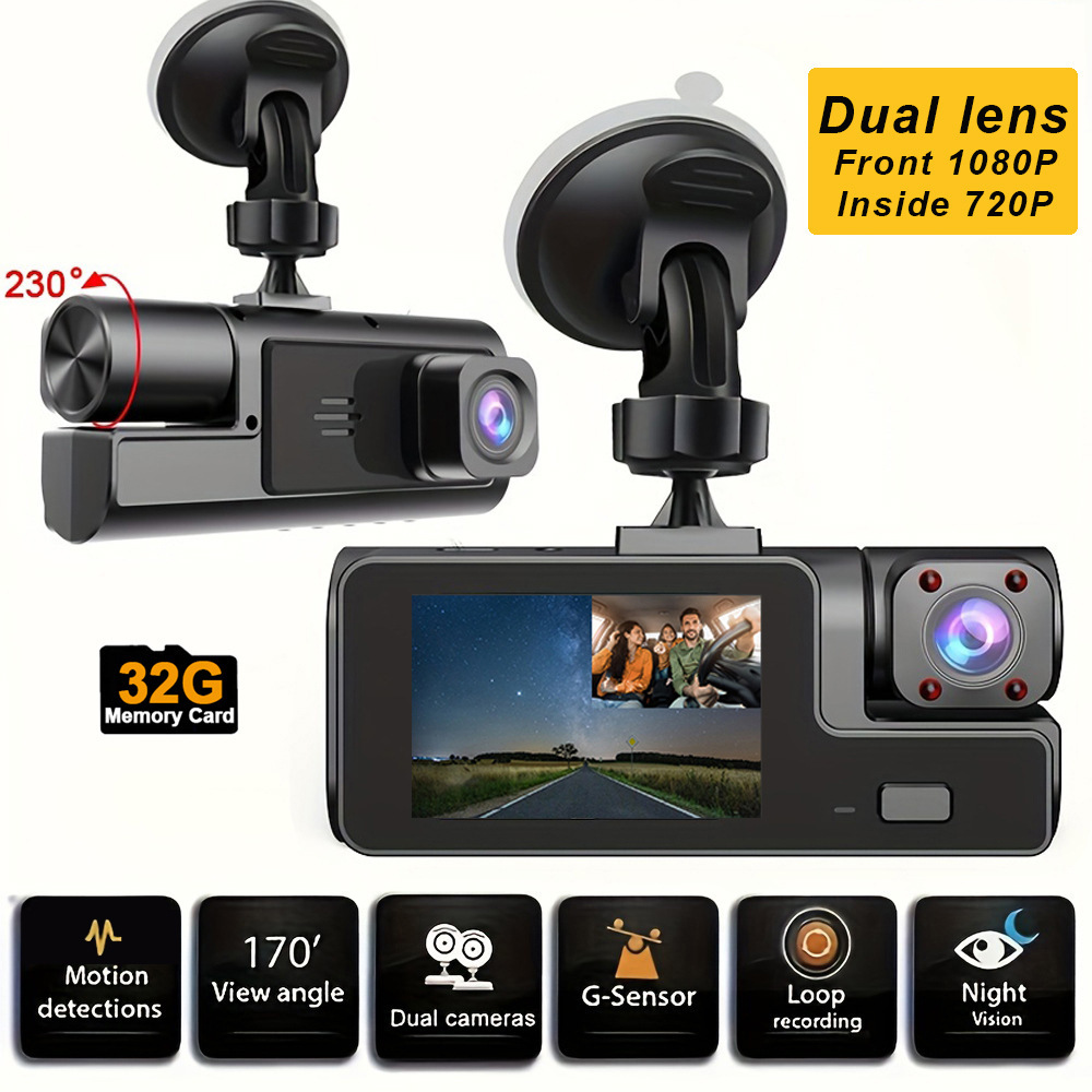 Fully compliant and passable for inspection, dual-lens wide-angle dash cam with 32GB card for in-car use, suitable for cross-border sales