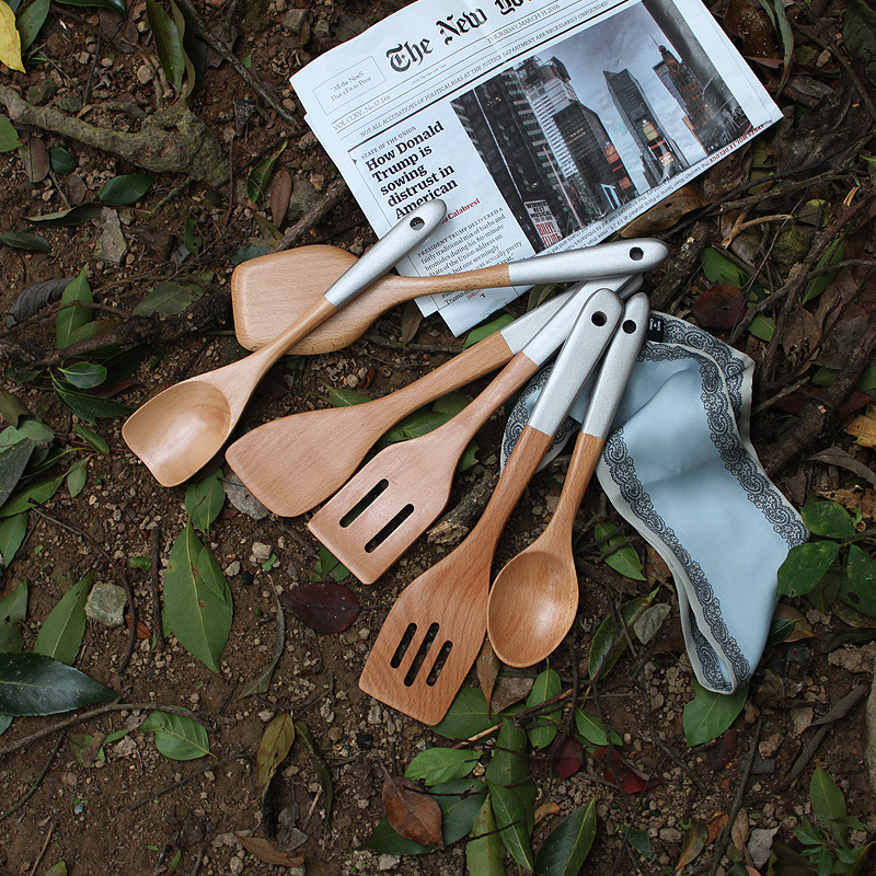 日式彎鏟 銀色手柄木勺 三線牛肉煎鏟 沙拉攪拌勺 公勺