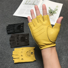 Fitness men's sheepskin Half Finger Gloves Black Yellow跨境