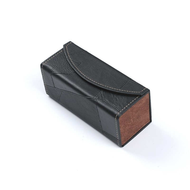 Business-style flip-top leather eyeglass case, vintage hard-frame glasses case, unisex sunglasses storage box, customizable with logo