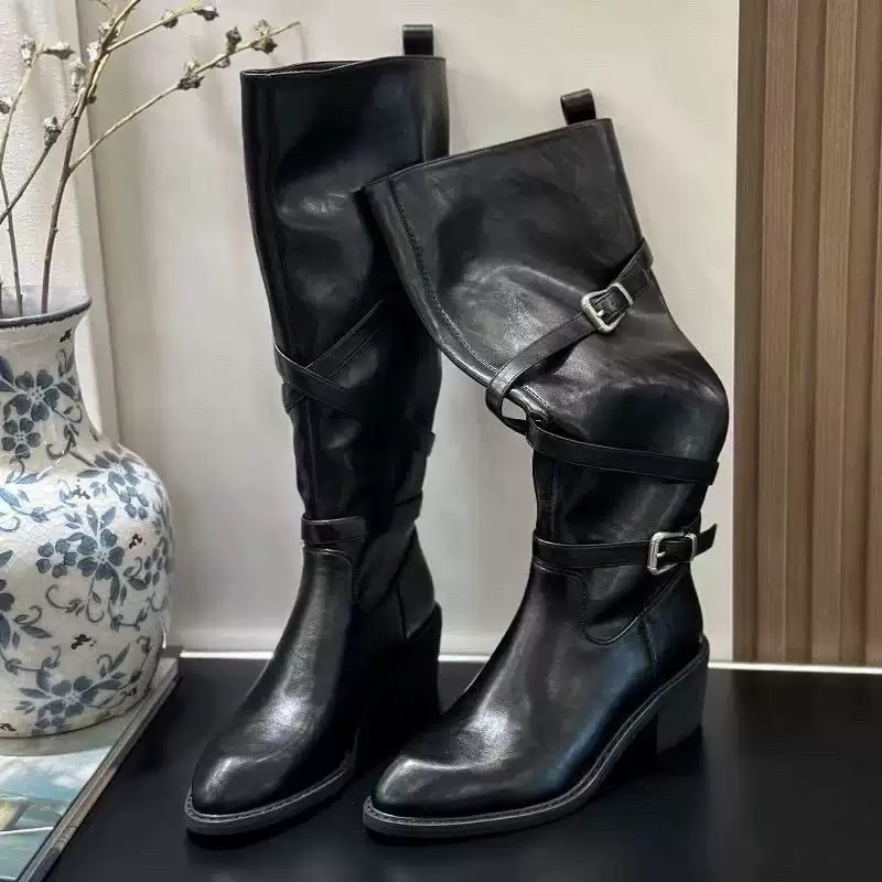 牛皮版长靴女秋冬复古靴子粗跟骑士靴箭头长筒靴交叉扣带高筒靴子|undefined