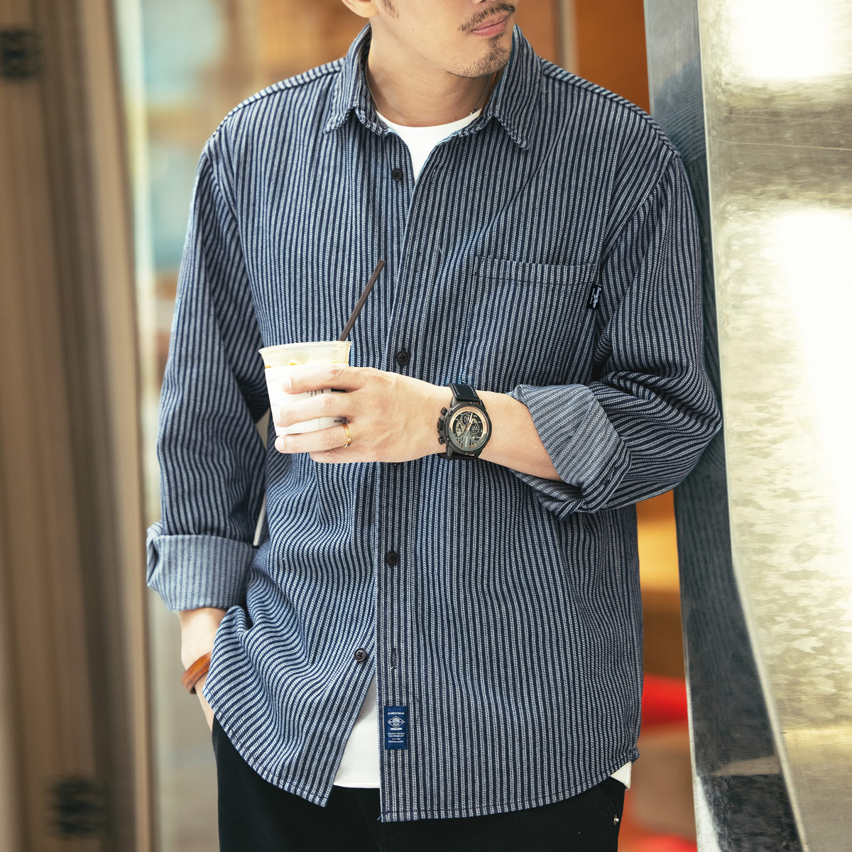 Blue Deer Striped Shirt Men's Spring and Autumn Casual Loose Vintage Lapel Denim Work Shirt Men's Jacket