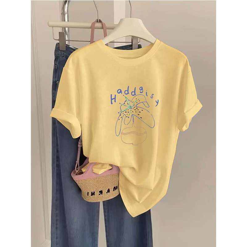 2026 New Style Straight Shoulder Pure Cotton Short-Sleeve T-Shirt for Women, Fashionable Versatile Mango Yellow Base Shirt, Summer Thin Style