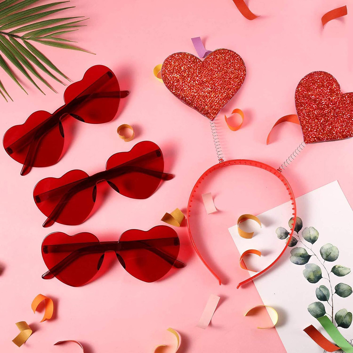 Día de San Valentín en forma de corazón diadema brillo cabeza hebilla gafas rojas en forma de corazón conjunto de dos piezas fiesta melocotón corazón lentejuelas diadema