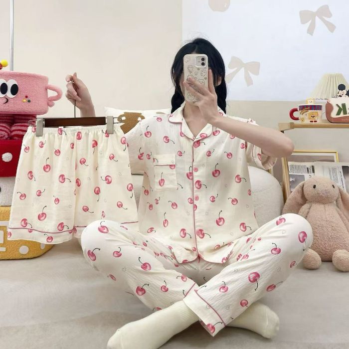 Venta al por mayor transfronteriza 120g pijamas de algodón de nube de verano de manga corta para mujer pantalones cortos de algodón de nube de verano de tres piezas servicio a domicilio de dibujos animados