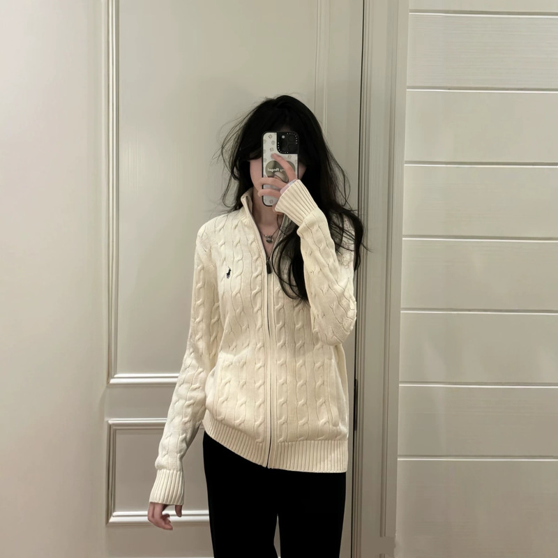 Original Ralph Lauren/Full-zip pony embroidered knitted cable cardigan, unisex twist top Original Ralph Lauren/Full-zip pony embroidered knitted cable cardigan, unisex twist top